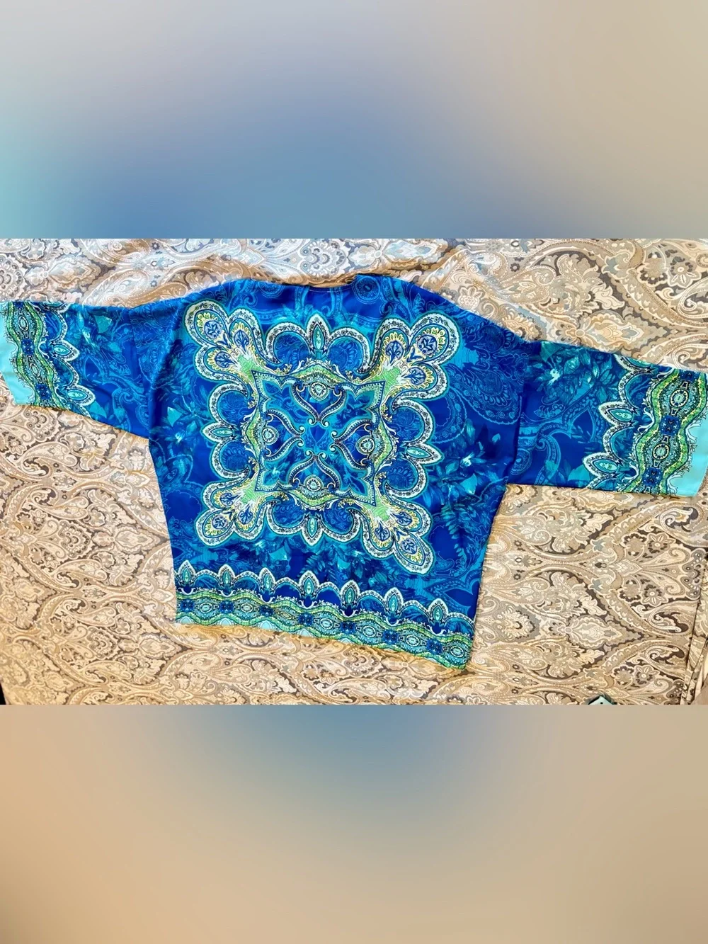 CHICO’S Silky Turquoise & Blue Paisley Medallion Open-Front Kimono Wrap Cardigan